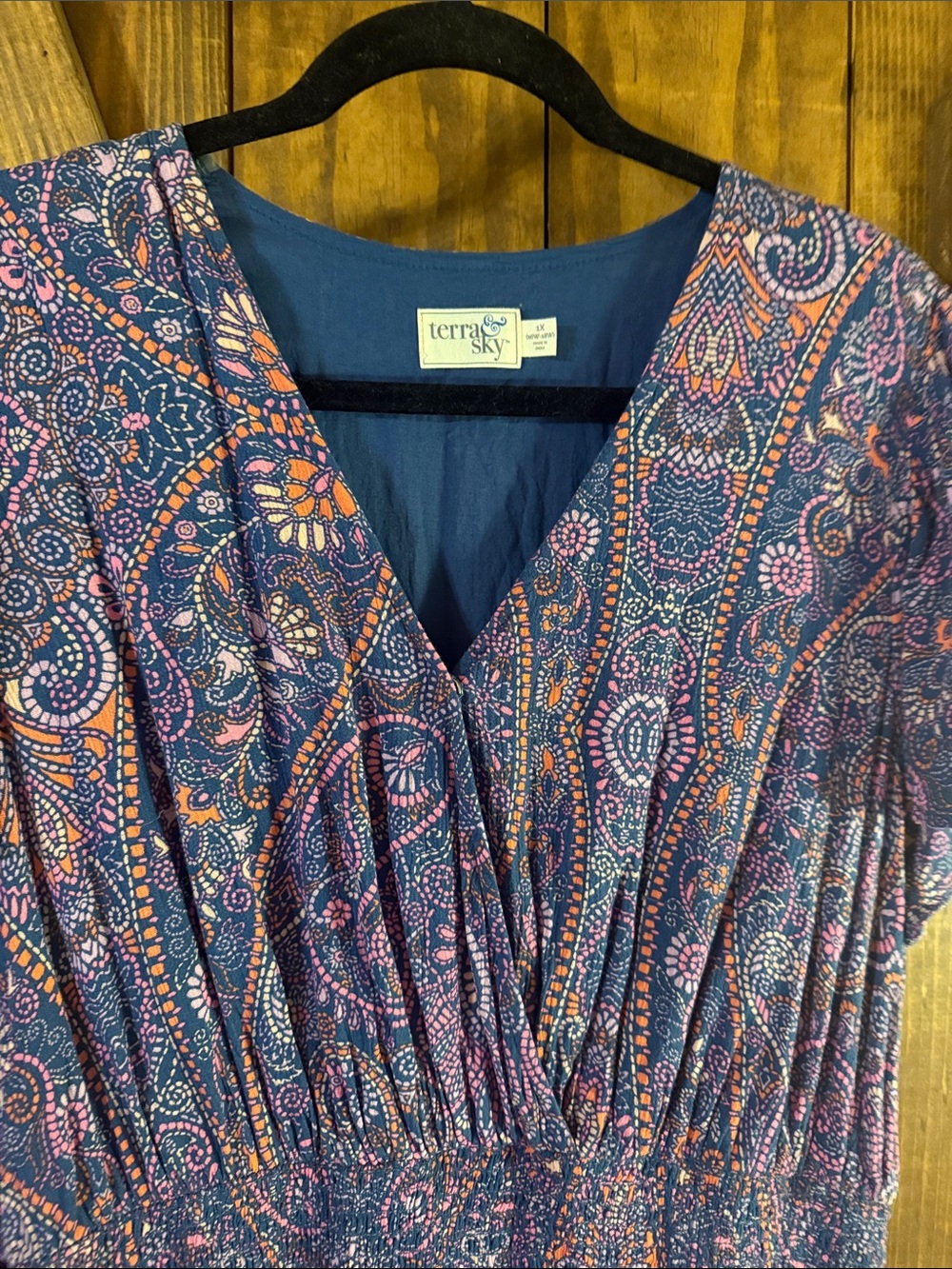 Terra & Sky Navy Paisley V-Neck Maxi Dress with Pink & Orange Accents